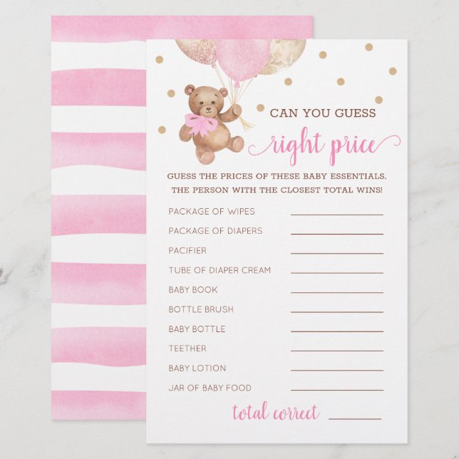 Raad het juiste prijs spel Baby Shower Teddybeer  (Voorkant / Achterkant)