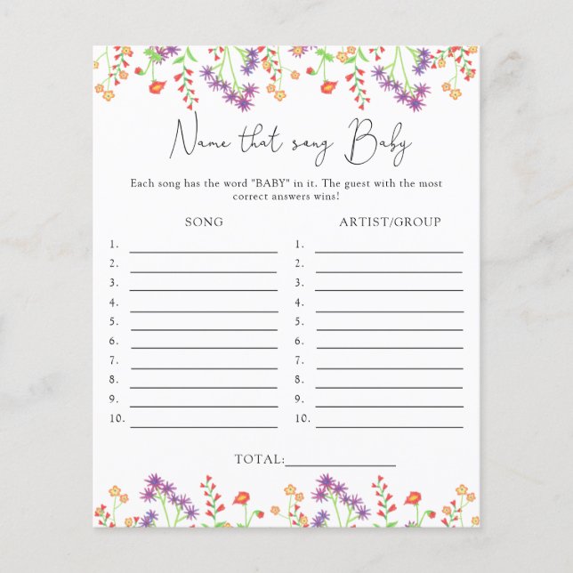Raad het liedje \ Wilde bloemen baby shower spel (Voorkant)