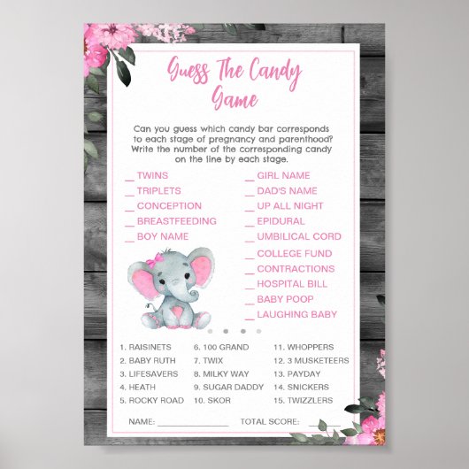 Raad het Snoep Baby shower spel Elephant Pink Poster (Voorkant)