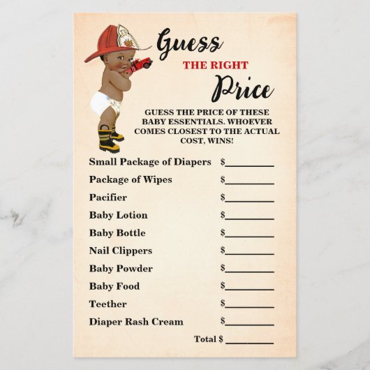 Raad Juiste Prijs AA Brandweerman Baby shower Game Flyer (Voorkant)