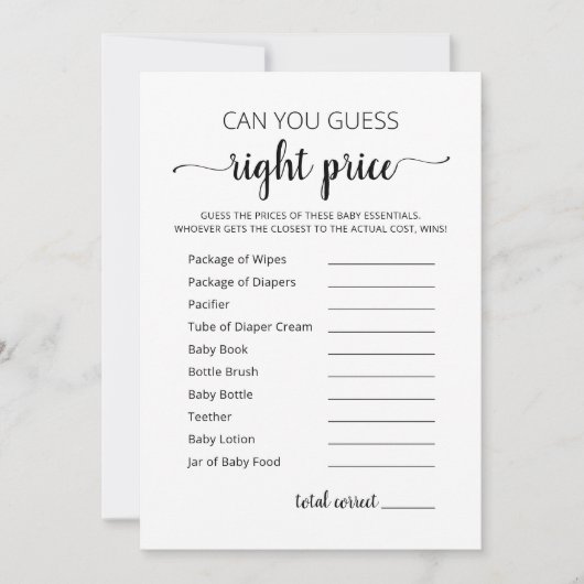 Raad juiste prijs spel Baby shower partij Kaart (Voorkant)