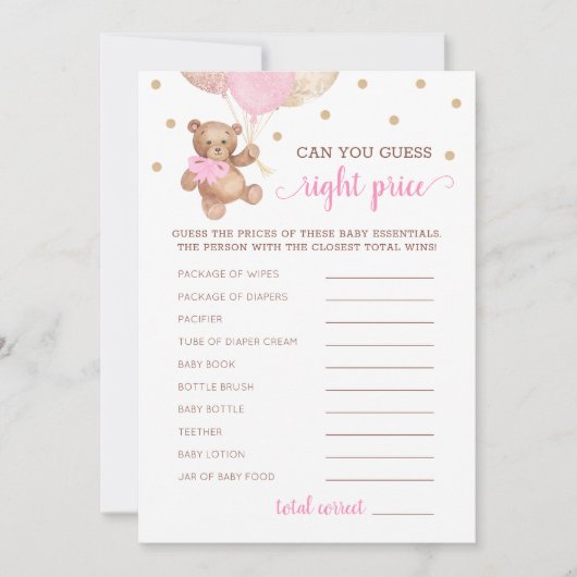 Raad Juiste Prijs Spel Baby shower Teddy Bear Kaar Kaart (Voorkant)