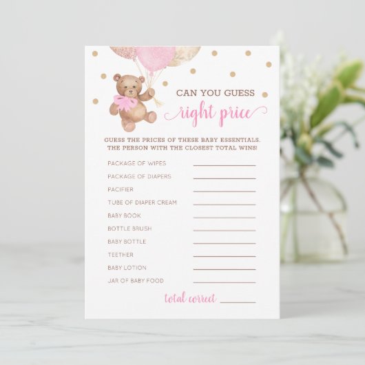 Raad Juiste Prijs Spel Baby shower Teddy Bear Kaar Kaart (Staand voorkant)