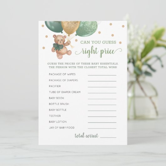 Raad Juiste Prijs Spel Baby shower Teddy Bear Kaar Kaart (Staand voorkant)