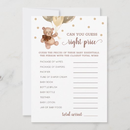 Raad Juiste Prijs Spel Baby shower Teddy Bear Kaar Kaart (Voorkant)