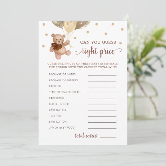 Raad Juiste Prijs Spel Baby shower Teddy Bear Kaar Kaart (Staand voorkant)