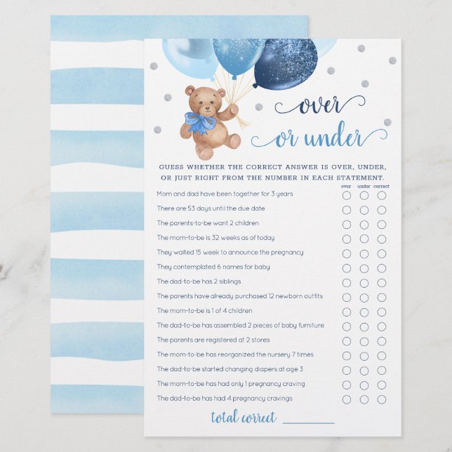 Raad Over of Onder Spel Baby Shower Teddybeer  (Voorkant / Achterkant)