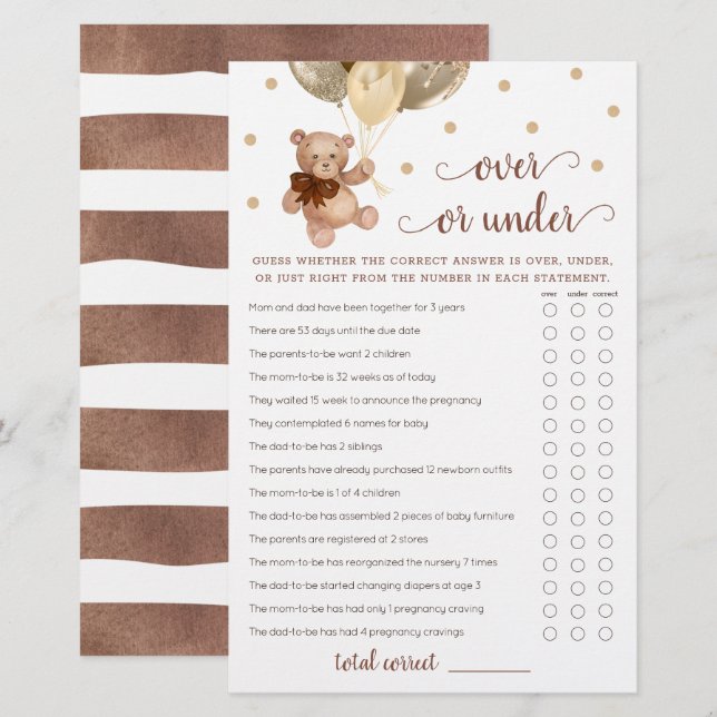 Raad Over of Onder Spel Baby Shower Teddybeer  (Voorkant / Achterkant)