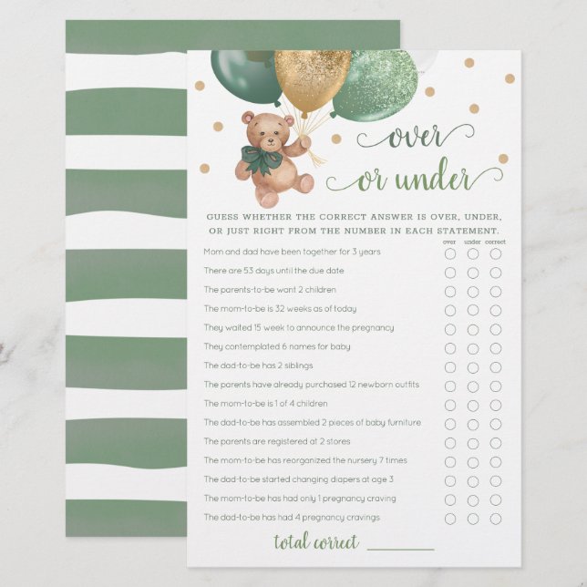 Raad Over of Onder Spel Baby Shower Teddybeer  (Voorkant / Achterkant)
