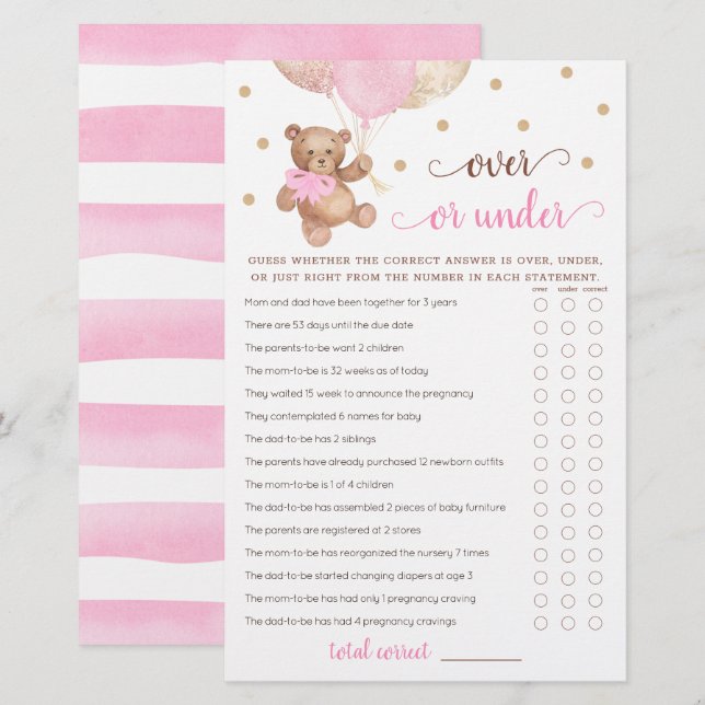 Raad Over of Onder Spel Baby Shower Teddybeer  (Voorkant / Achterkant)