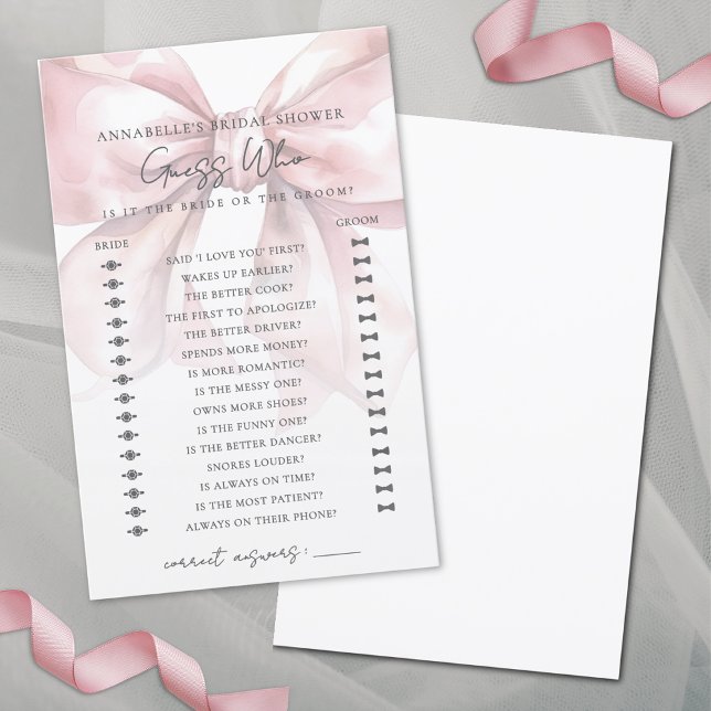 Raad wie Blush Pink Bow Vrijgezellenfeest spel (Guess Who Blush Pink Bow Bridal Shower Game)