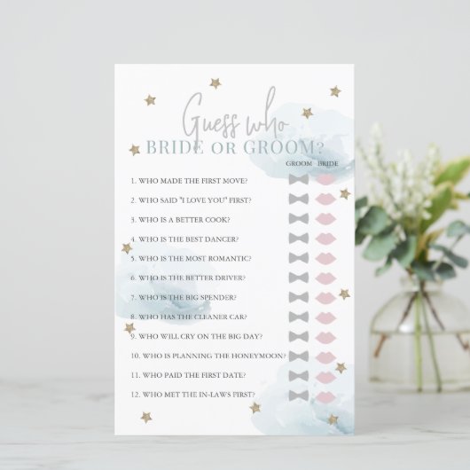 Raad wie bruid of bruidegom blauw Vrijgezellenfees (Staand voorkant)