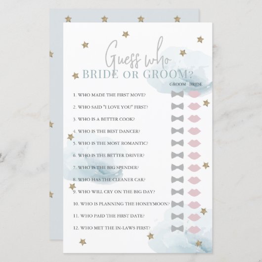 Raad wie bruid of bruidegom blauw Vrijgezellenfees (Voorkant / Achterkant)