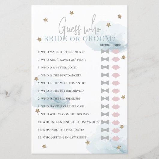 Raad wie bruid of bruidegom blauw Vrijgezellenfees (Voorkant)