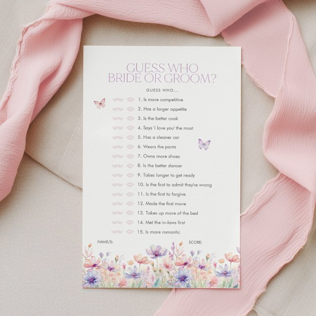 Raad wie Bruid of Bruidegom Bloemrijke Bruiloft Bo (Guess who Bride or Groom? Wildflower butterfly Bridal Shower Game)