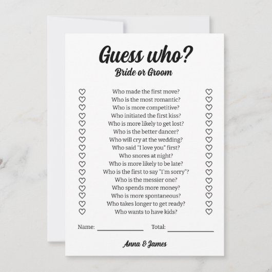 Raad wie bruid of bruidegom bruiloft spel kaart (Voorkant)