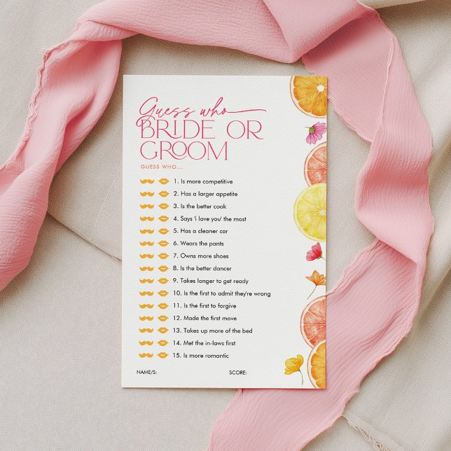 Raad wie Bruid of Bruidegom Citrus Bruiloft Spel (Guess Who Bride or Groom? Main Squeeze Citrus Bridal Shower Game)
