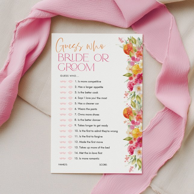 Raad wie Bruid of Bruidegom Citrus Bruiloft Spel (Guess Who Bride Or Groom | Bright Floral Citrus Bridal Shower Games )