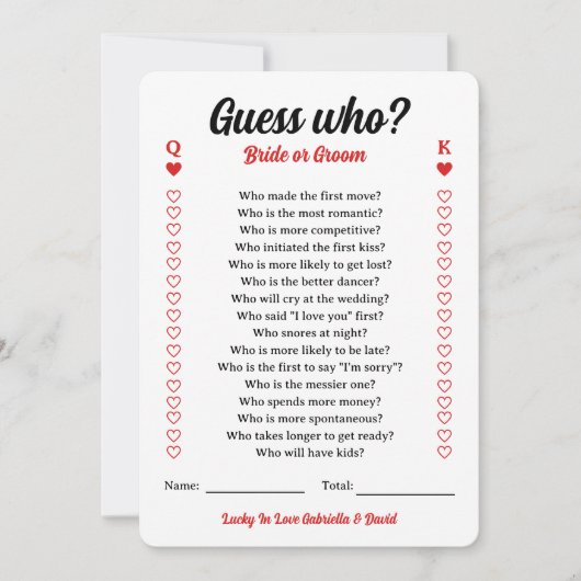 Raad wie bruid of bruidegom koppels douche spel kaart (Voorkant)