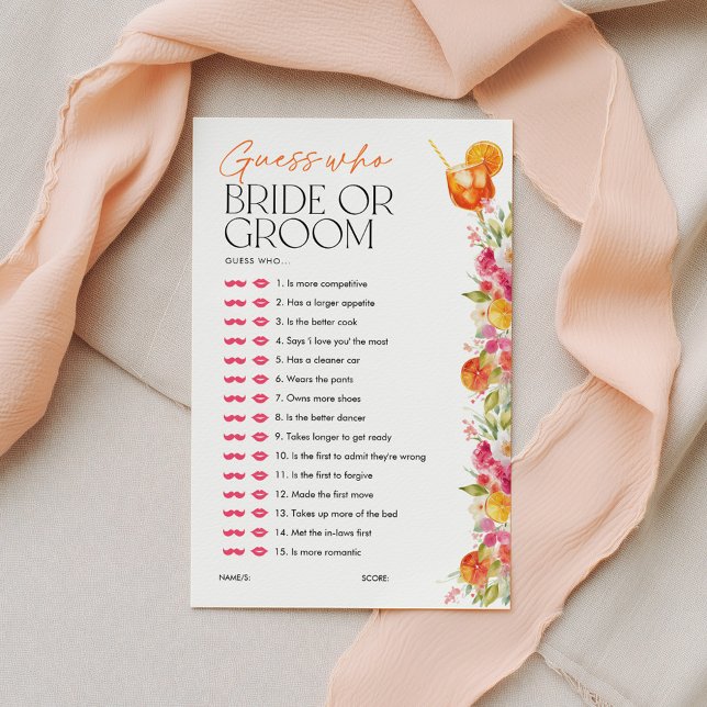 Raad wie Bruid of Bruidegom Spritz Bruiloft Spel (Guess Who Bride or Groom? Love at First Spritz | Floral Citrus )