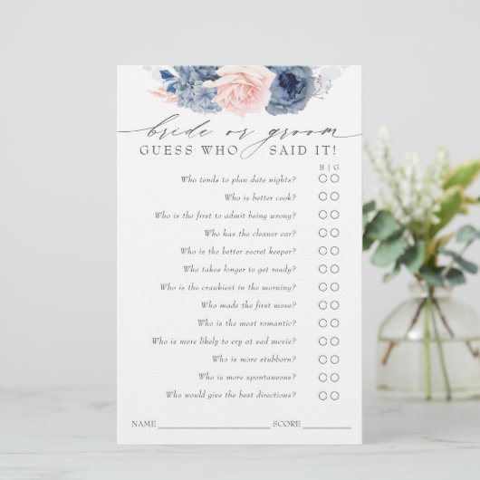 Raad Wie Bruid of Bruidegom - Stof Blauw Spelkaart (Staand voorkant)