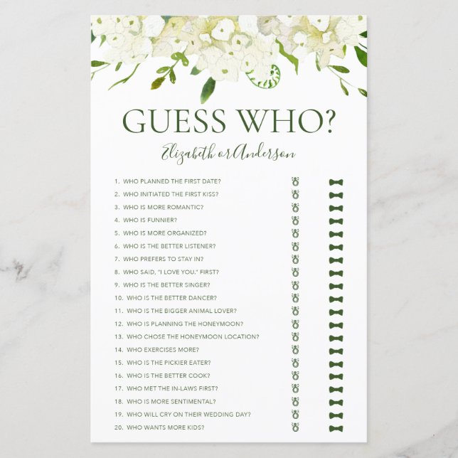 Raad Wie Bruiloftsspel met Witte Hortensia's (Voorkant)