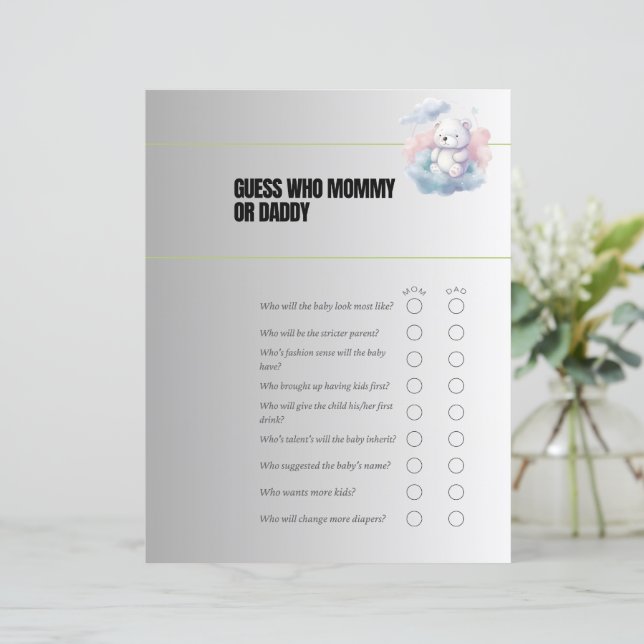 Raad wie mam of pap Baby shower spel (Staand voorkant)