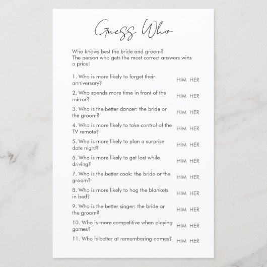 Raad wie minimalistische bruiloft & Vrijgezellenfe (Voorkant)