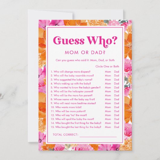 Raad wie roze & bloemig Baby shower spel Kaart (Voorkant)