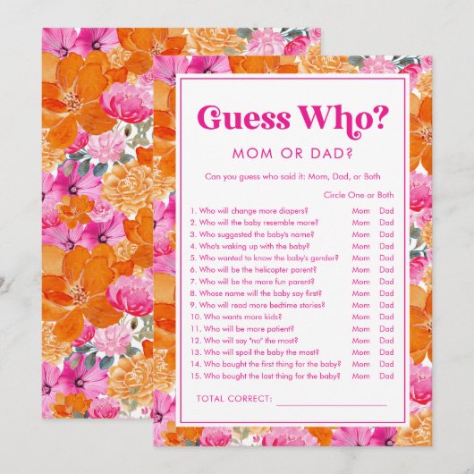 Raad wie roze & bloemig Baby shower spel Kaart (Voorkant / Achterkant)