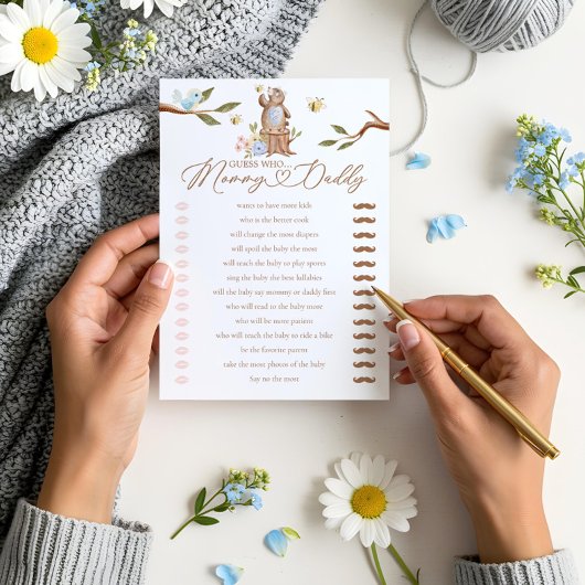 Raad Wie Woodland Beer Boy Baby shower Game Kaart