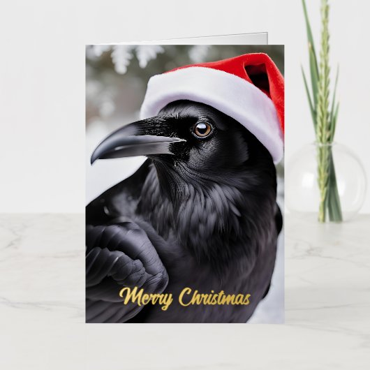 Raaf in een Kerstmanhoed Kerstmis Folie Wenskaart (Voorkant)