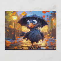 Raaf in regenachtige herfststraat met paraplu