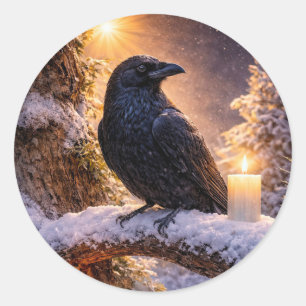 Raaf in Sneeuw Winter Zonnewende Kaars Mystiek Ronde Sticker