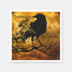 Raaf kraai oogst maan herfst zwart sinaasappel servet