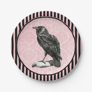raaf Kraai op roze damast Halloween Papieren Bordje