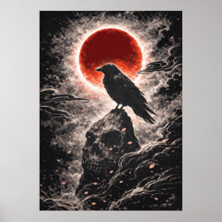 Raaf Kraai Op Schedel Rots in Rode Maan, Japanse K Poster