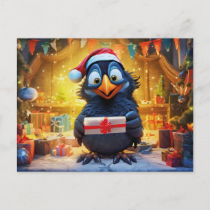 Raaf Met Kerstmanhoed En Geschenk In Festieve Scèn Briefkaart