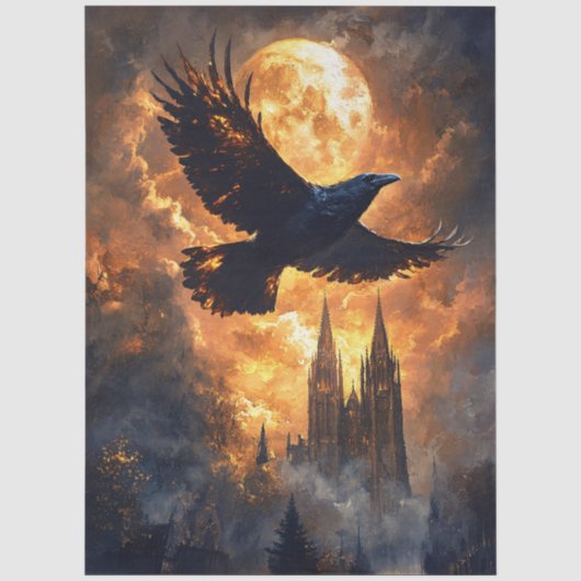 Raaf vliegend over gotische kathedraal decoupage tissuepapier (Voorkant)