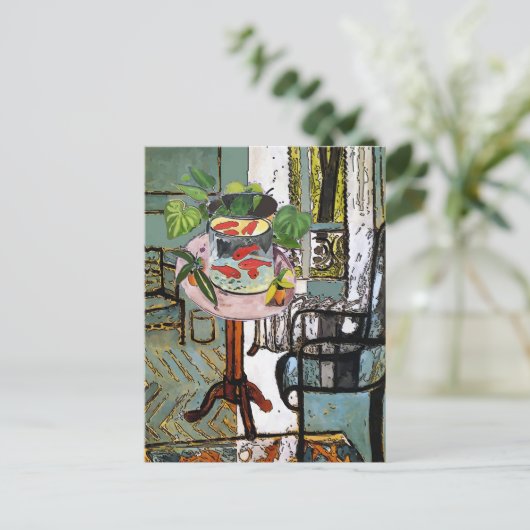 Raam in groen met gouden vis, briefkaart (Staand voorkant)