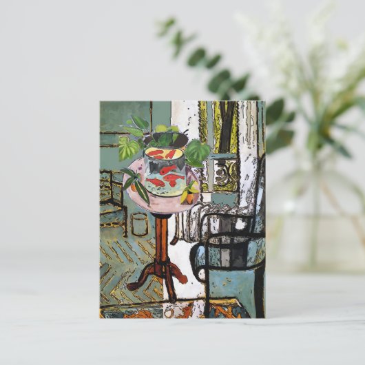 Raam in groen met gouden vis, briefkaart (Staand voorkant)