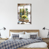 Raam met loopgordijn en tulpen canvas afdruk (Insitu (Slaapkamer))