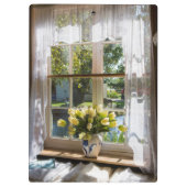 Raam met loopgordijn en tulpen klembord (Achterkant)