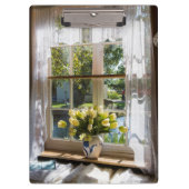 Raam met loopgordijn en tulpen klembord (Voorkant)
