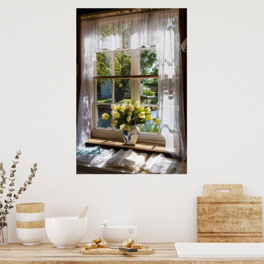 Raam met loopgordijn en tulpen poster (Keuken)