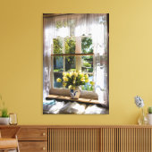 Raam met vitrage gordijn en tulpen canvas afdruk (Insitu (Woonkamer))