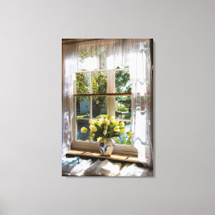 Raam met vitrage gordijn en tulpen canvas afdruk