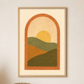 Raam naar de Heuvels Gouache Boho Kunst Poster