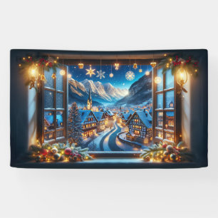 Raam naar een winterdorp met Kerstmis 1,5 m Spandoek