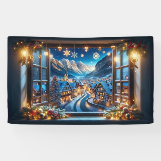 Raam naar een winterdorp met Kerstmis 1,5 m Spandoek (Horizontaal)